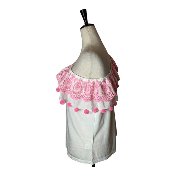 Lilly Pulitzer Shirt Women Small White Pink Idara One Shoulder‎ Eyelet Pom Pom - Picture 8 of 12